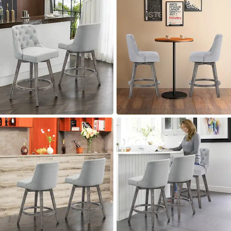 Sgabelli da bar girevoli trapuntati con gambe effetto legno, grigio scuro / grigio chiaro, set da 2