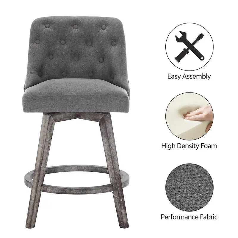 Sgabelli da bar girevoli trapuntati con gambe effetto legno, grigio scuro / grigio chiaro, set da 2