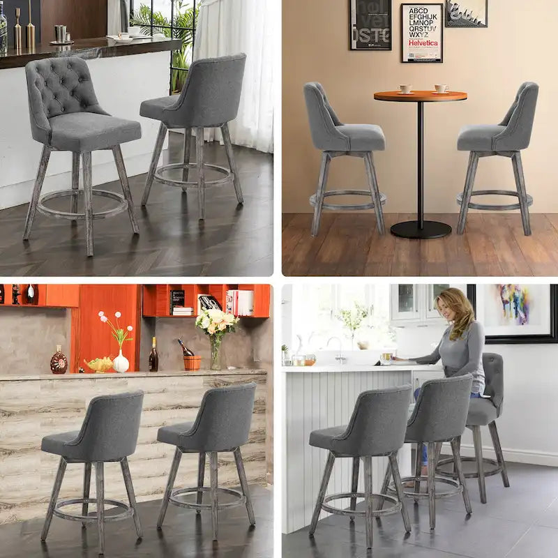 Sgabelli da bar girevoli trapuntati con gambe effetto legno, grigio scuro / grigio chiaro, set da 2