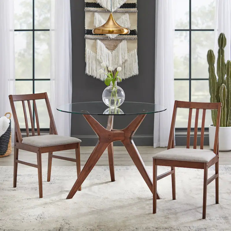 Tavolo da pranzo rotondo in noce e vetro, stile metà secolo, 4 posti a sedere