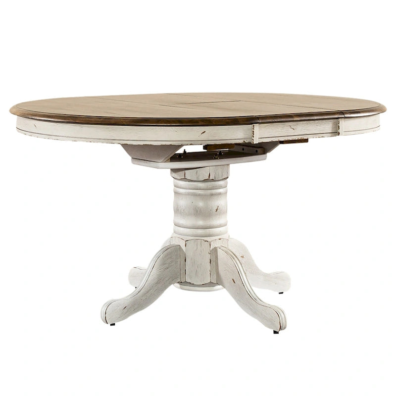 Tavolo da pranzo antico rotondo/ovale con base a piedistallo, miele e bianco, 4-6 posti a sedere