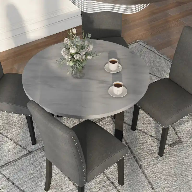 Set da Pranzo Rotondo con Tavolo in Finto Marmo Grigio Marrone Spazzolato, Stile Contemporaneo, 4 Posti a Sedere