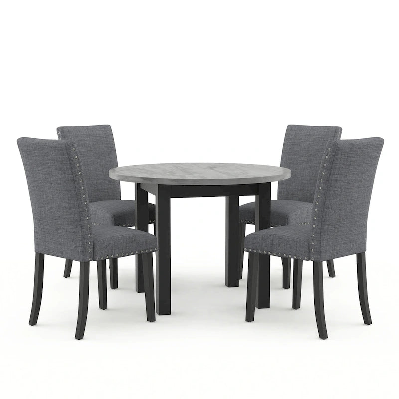 Set da Pranzo Rotondo con Tavolo in Finto Marmo Grigio Marrone Spazzolato, Stile Contemporaneo, 4 Posti a Sedere