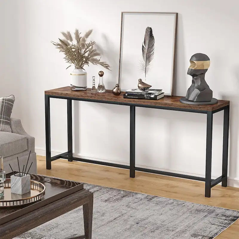 Consolle extra lunga e stretta, stile industriale, per 1 persona – Marrone / Bianco / Marrone scuro