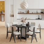 Tavolo da pranzo rotondo in legno massello nero/legno, gambe in rattan, 6 posti a sedere