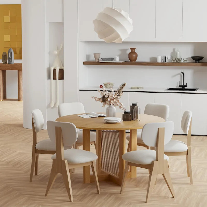 Tavolo da pranzo rotondo in legno massello nero/legno, gambe in rattan, 6 posti a sedere