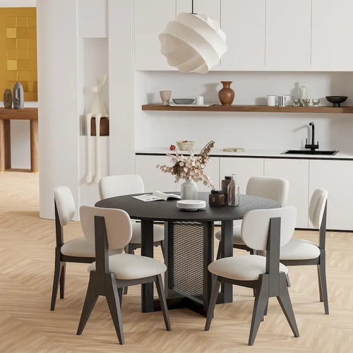 Tavolo da pranzo rotondo in legno massello nero/legno, gambe in rattan, 6 posti a sedere