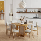 Tavolo da pranzo rotondo in legno massello nero/legno, gambe in rattan, 6 posti a sedere