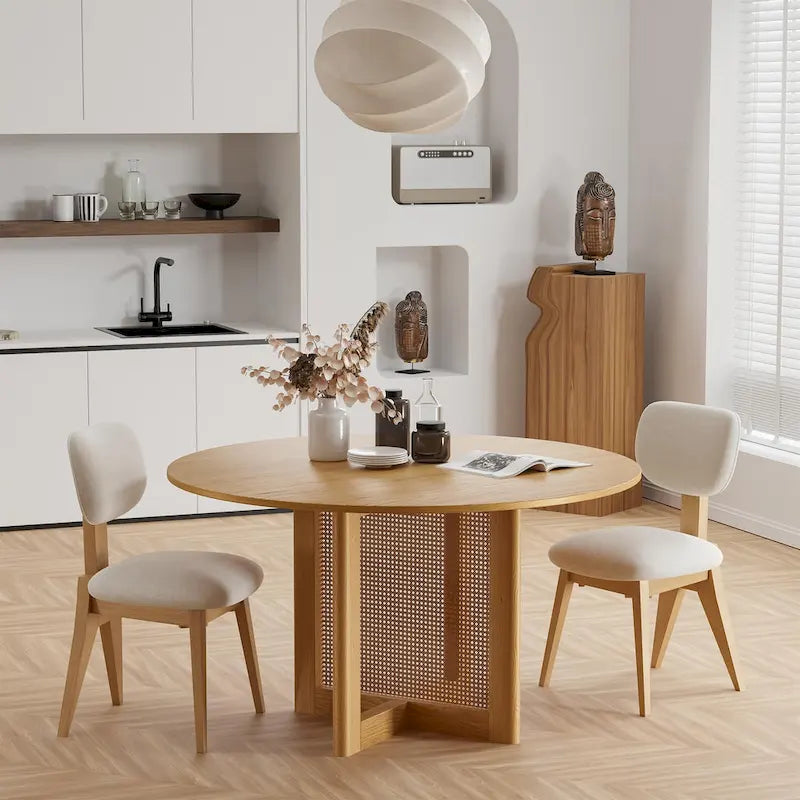 Tavolo da pranzo rotondo in legno massello nero/legno, gambe in rattan, 6 posti a sedere