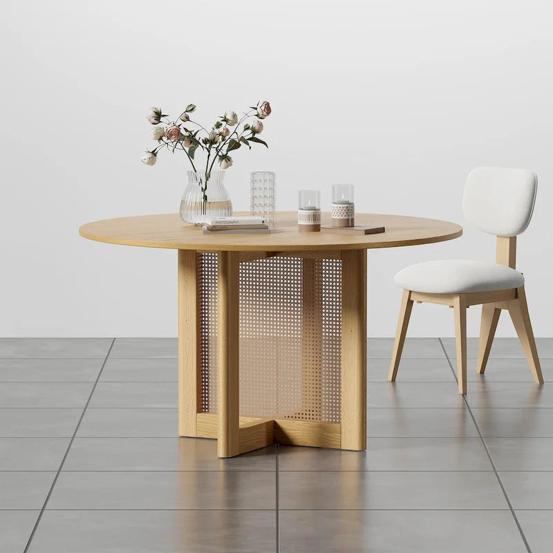 Tavolo da pranzo rotondo in legno massello nero/legno, gambe in rattan, 6 posti a sedere