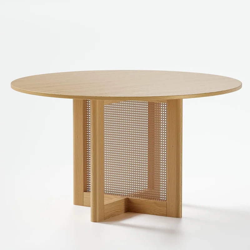 Tavolo da pranzo rotondo in legno massello nero/legno, gambe in rattan, 6 posti a sedere