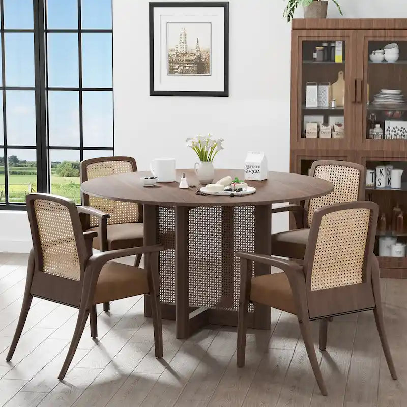 Tavolo da pranzo rotondo in legno massello nero/legno, gambe in rattan, 6 posti a sedere