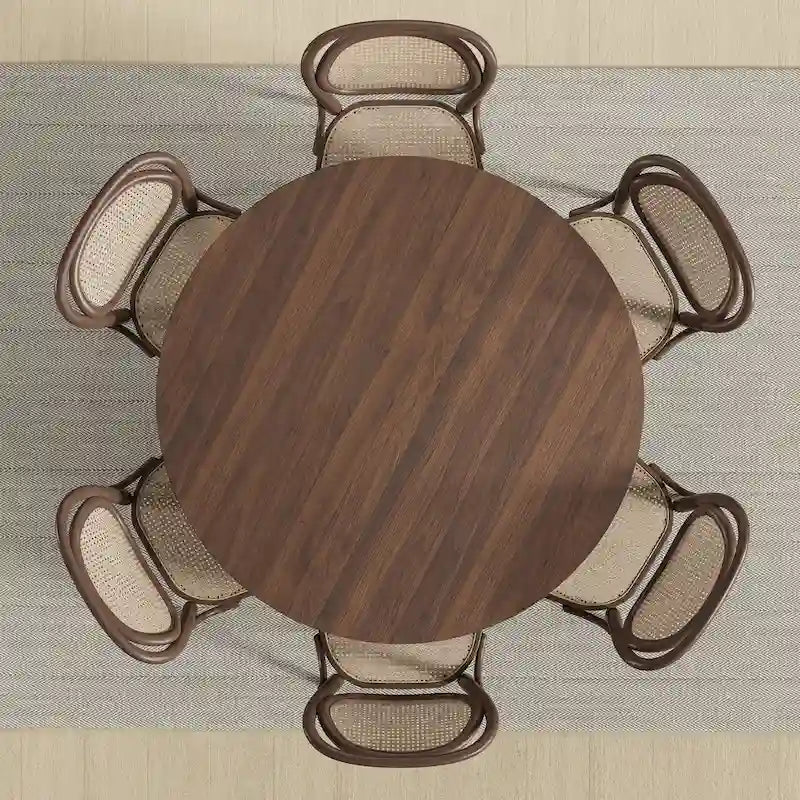 Tavolo da pranzo rotondo in legno massello nero/legno, gambe in rattan, 6 posti a sedere