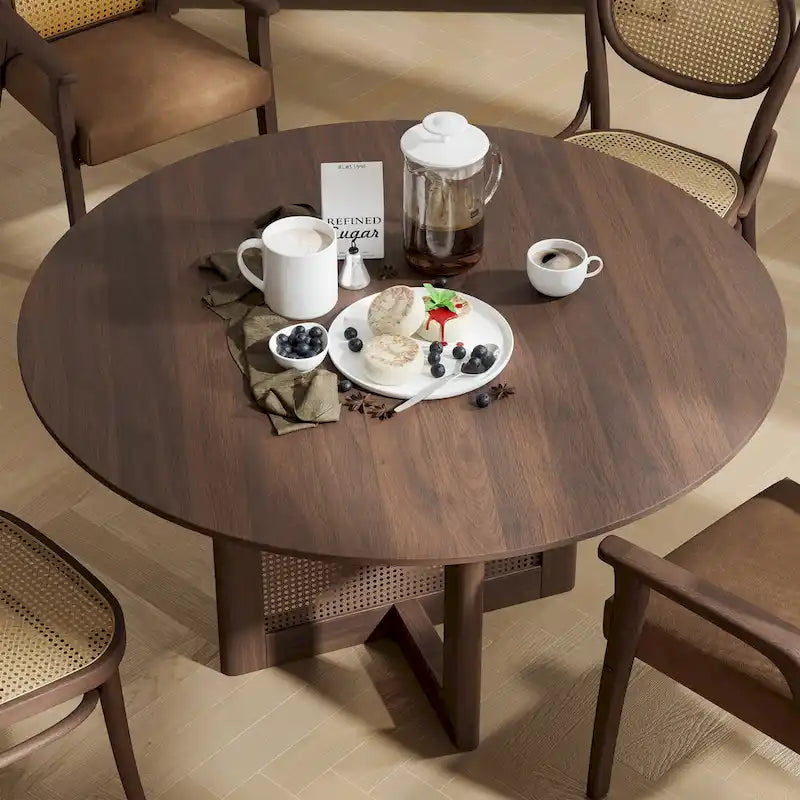Tavolo da pranzo rotondo in legno massello nero/legno, gambe in rattan, 6 posti a sedere