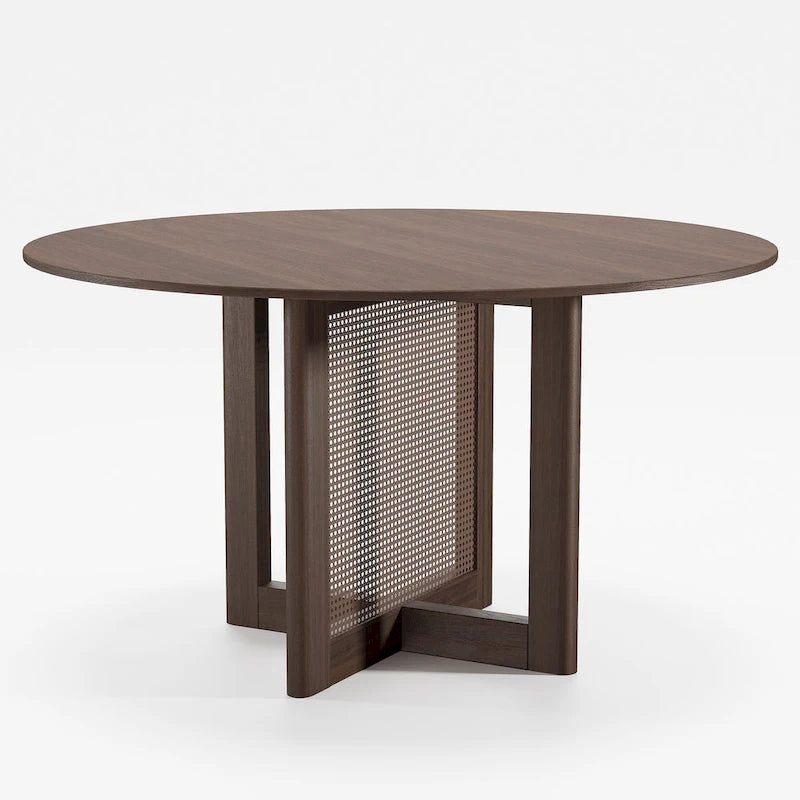 Tavolo da pranzo rotondo in legno massello nero/legno, gambe in rattan, 6 posti a sedere