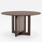 Tavolo da pranzo rotondo in legno massello nero/legno, gambe in rattan, 6 posti a sedere
