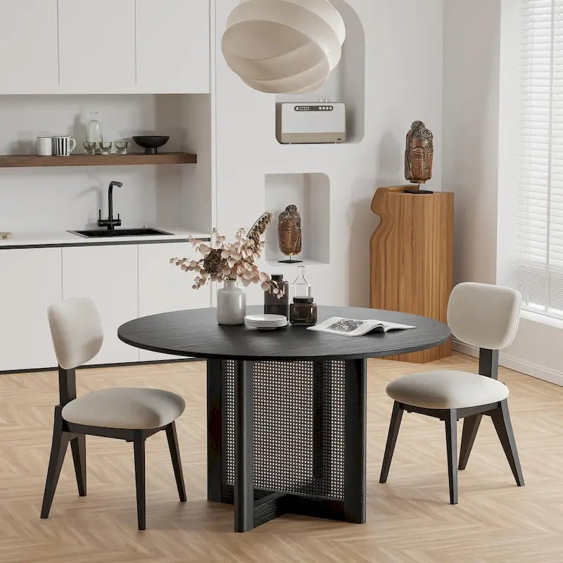 Tavolo da pranzo rotondo in legno massello nero/legno, gambe in rattan, 6 posti a sedere