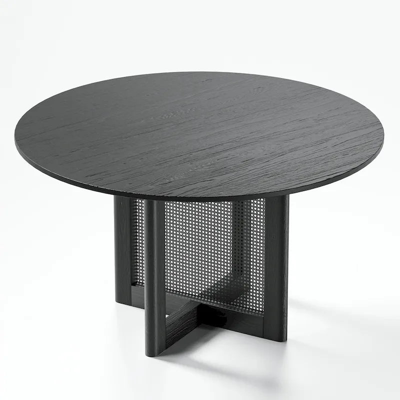 Tavolo da pranzo rotondo in legno massello nero/legno, gambe in rattan, 6 posti a sedere