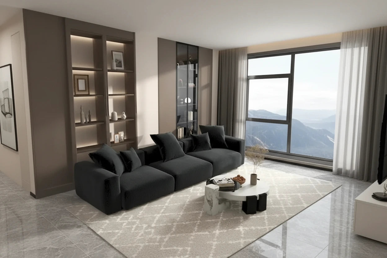 Divano Sezionale Angolare in Velluto a Coste Nero/Marrone Chiaro/Beige, per 3–4 Persone