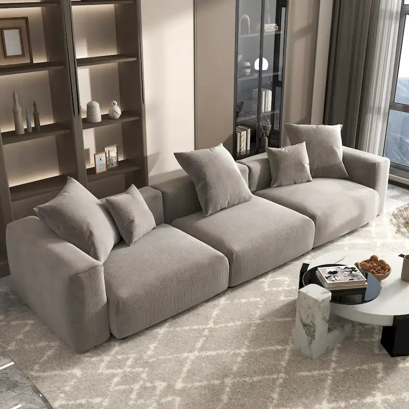 Divano Sezionale Angolare in Velluto a Coste Nero/Marrone Chiaro/Beige, per 3–4 Persone