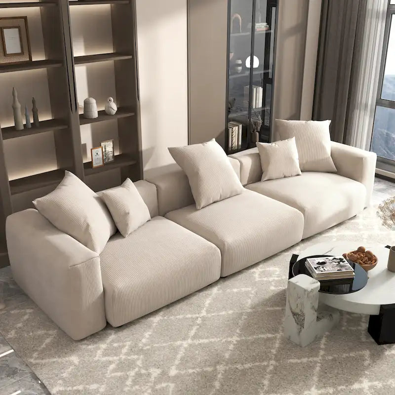 Divano Sezionale Angolare in Velluto a Coste Nero/Marrone Chiaro/Beige, per 3–4 Persone