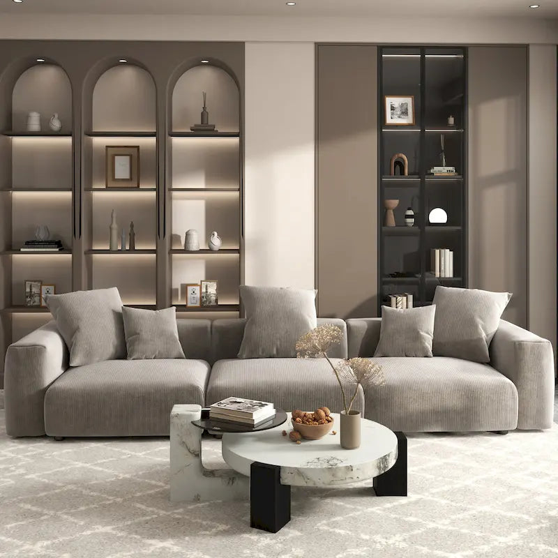 Divano Sezionale Angolare in Velluto a Coste Nero/Marrone Chiaro/Beige, per 3–4 Persone