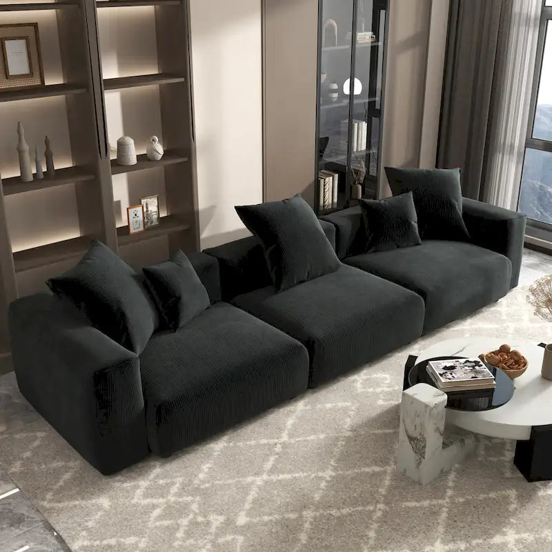 Divano Sezionale Angolare in Velluto a Coste Nero/Marrone Chiaro/Beige, per 3–4 Persone