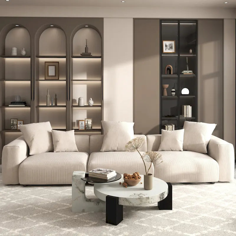 Divano Sezionale Angolare in Velluto a Coste Nero/Marrone Chiaro/Beige, per 3–4 Persone