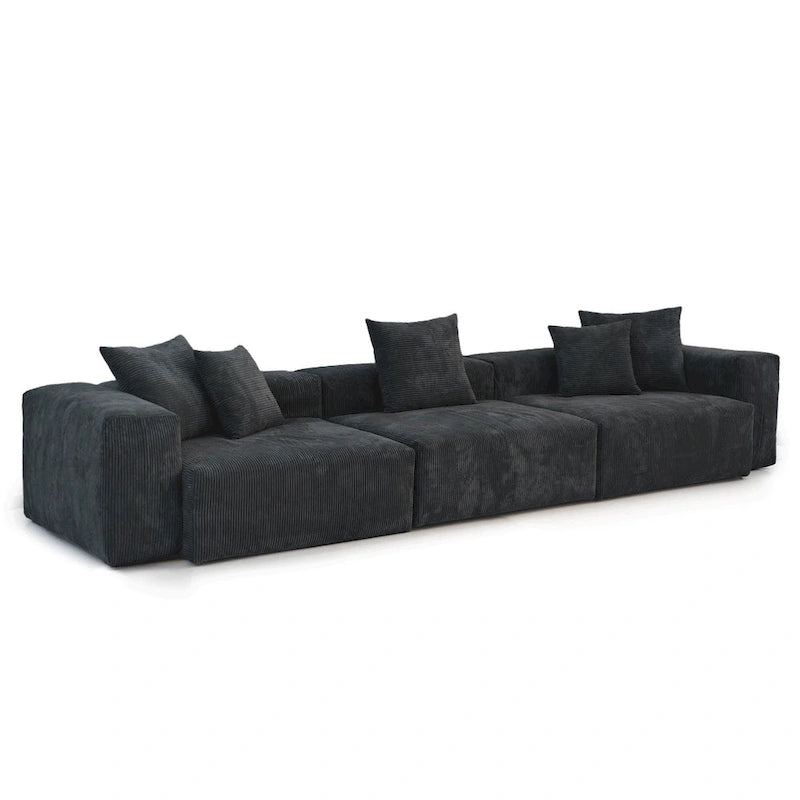Divano Sezionale Angolare in Velluto a Coste Nero/Marrone Chiaro/Beige, per 3–4 Persone