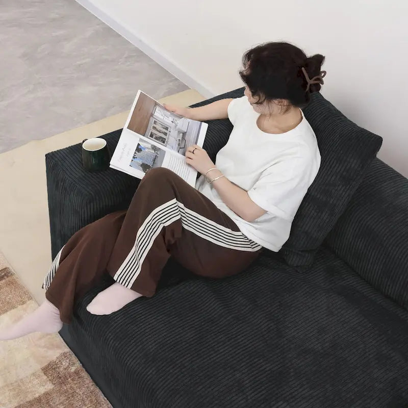 Divano Sezionale Angolare in Velluto a Coste Nero/Marrone Chiaro/Beige, per 3–4 Persone