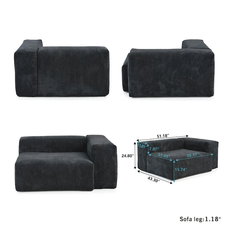 Divano Sezionale Angolare in Velluto a Coste Nero/Marrone Chiaro/Beige, per 3–4 Persone