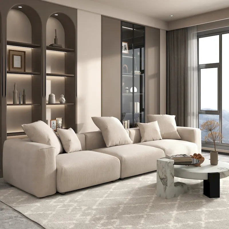 Divano Sezionale Angolare in Velluto a Coste Nero/Marrone Chiaro/Beige, per 3–4 Persone