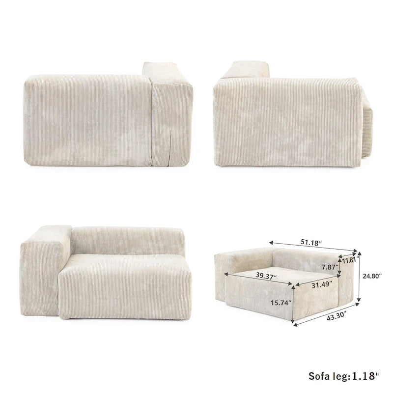 Divano Sezionale Angolare in Velluto a Coste Nero/Marrone Chiaro/Beige, per 3–4 Persone