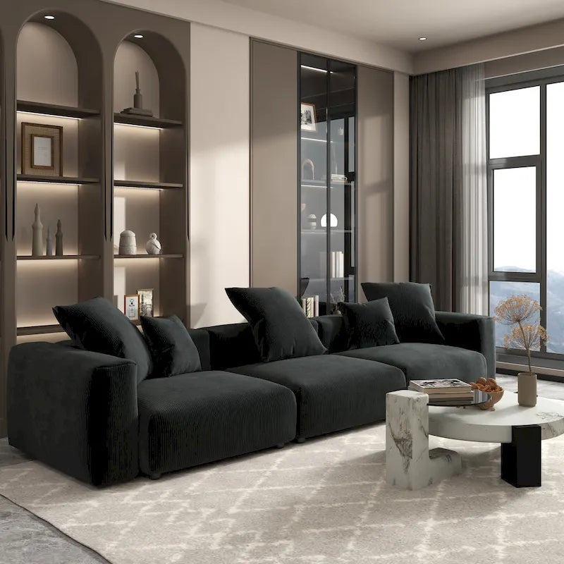Divano Sezionale Angolare in Velluto a Coste Nero/Marrone Chiaro/Beige, per 3–4 Persone