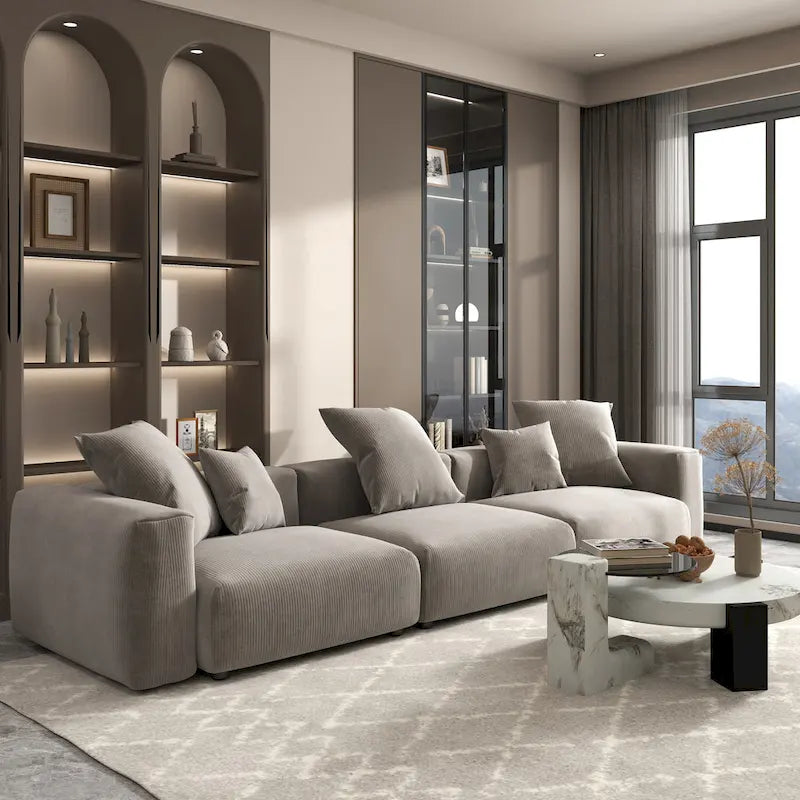 Divano Sezionale Angolare in Velluto a Coste Nero/Marrone Chiaro/Beige, per 3–4 Persone