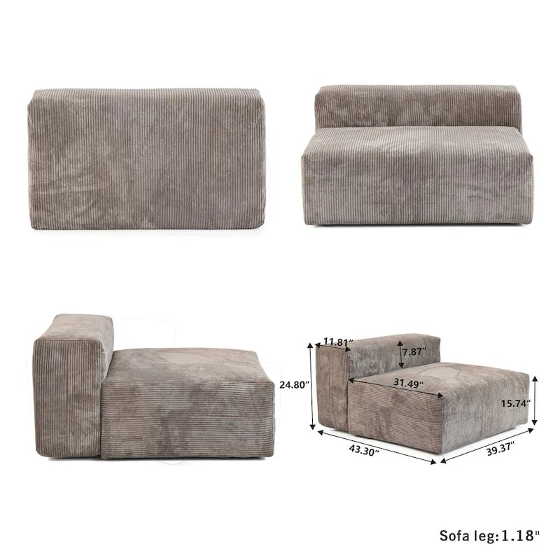 Divano Sezionale Angolare in Velluto a Coste Nero/Marrone Chiaro/Beige, per 3–4 Persone