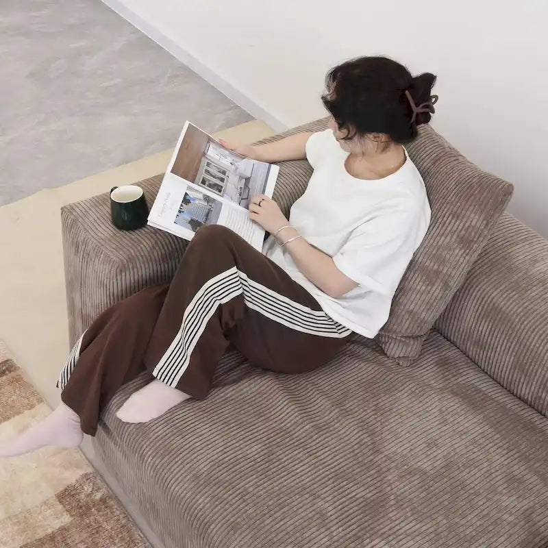 Divano Sezionale Angolare in Velluto a Coste Nero/Marrone Chiaro/Beige, per 3–4 Persone