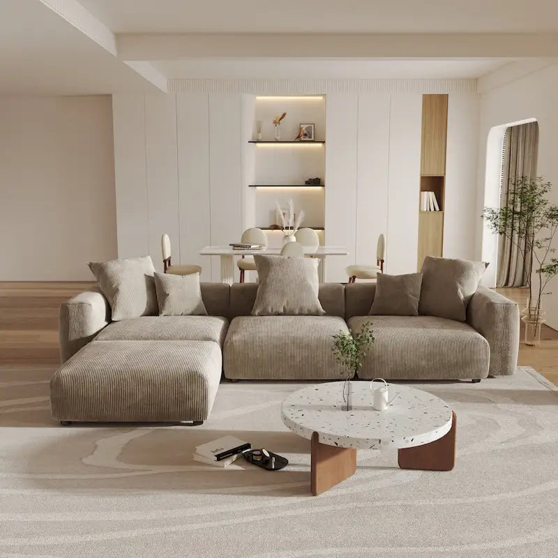 Divano sezionale a L reversibile a 3 posti in velluto a coste beige/marrone chiaro/nero con pouf