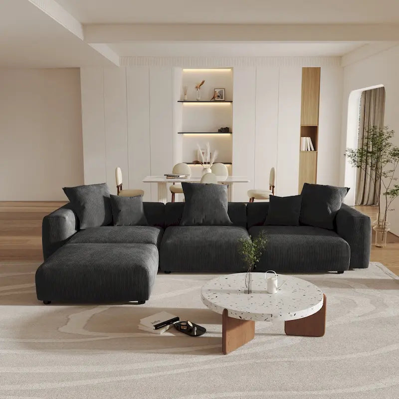 Divano sezionale a L reversibile a 3 posti in velluto a coste beige/marrone chiaro/nero con pouf