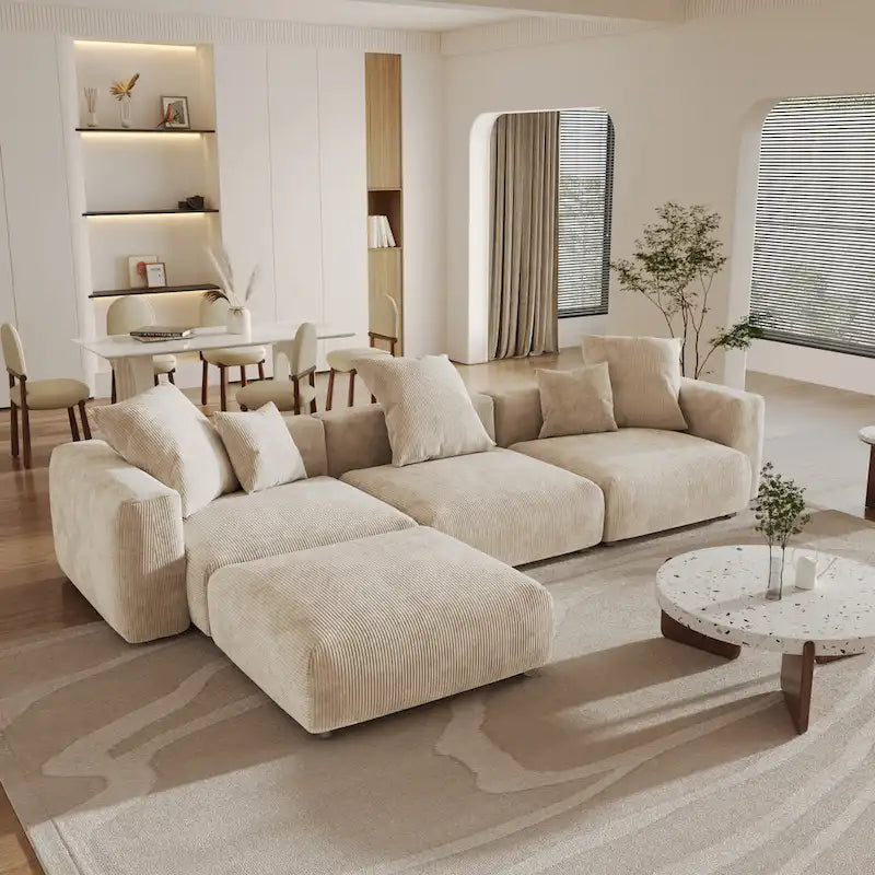 Divano sezionale a L reversibile a 3 posti in velluto a coste beige/marrone chiaro/nero con pouf