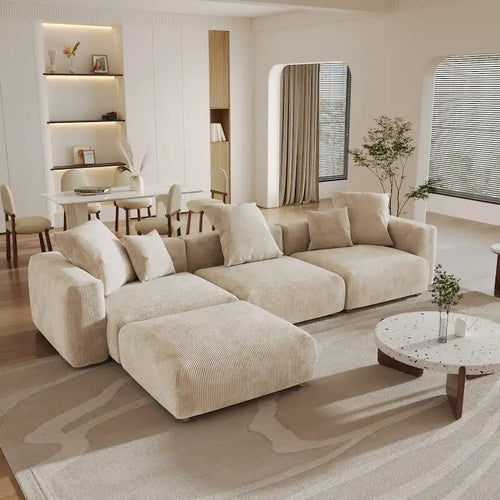 Divano sezionale a L reversibile a 3 posti in velluto a coste beige/marrone chiaro/nero con pouf