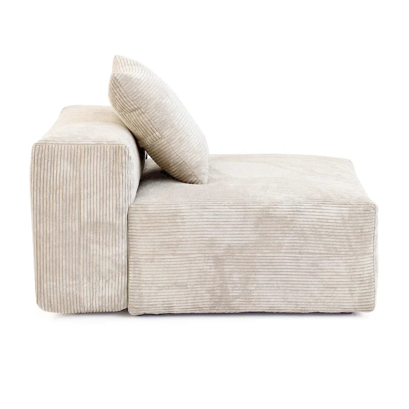 Divano sezionale a L reversibile a 3 posti in velluto a coste beige/marrone chiaro/nero con pouf
