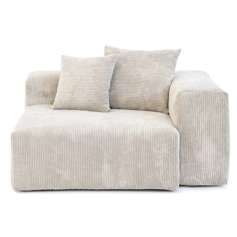 Divano sezionale a L reversibile a 3 posti in velluto a coste beige/marrone chiaro/nero con pouf