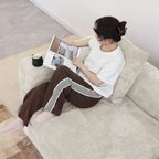 Divano sezionale a L reversibile a 3 posti in velluto a coste beige/marrone chiaro/nero con pouf