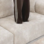 Divano sezionale a L reversibile a 3 posti in velluto a coste beige/marrone chiaro/nero con pouf