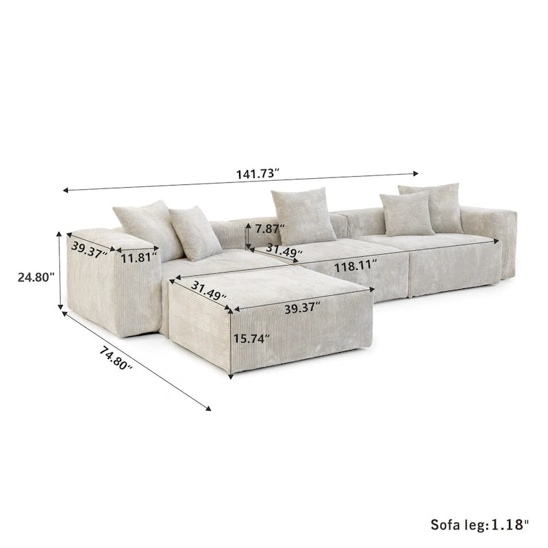 Divano sezionale a L reversibile a 3 posti in velluto a coste beige/marrone chiaro/nero con pouf