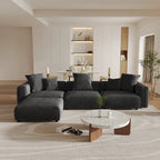 Divano sezionale a L reversibile a 3 posti in velluto a coste beige/marrone chiaro/nero con pouf