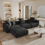 Divano sezionale a L reversibile a 3 posti in velluto a coste beige/marrone chiaro/nero con pouf