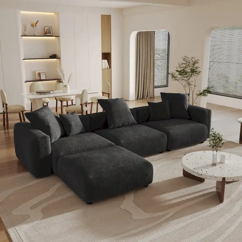 Divano sezionale a L reversibile a 3 posti in velluto a coste beige/marrone chiaro/nero con pouf