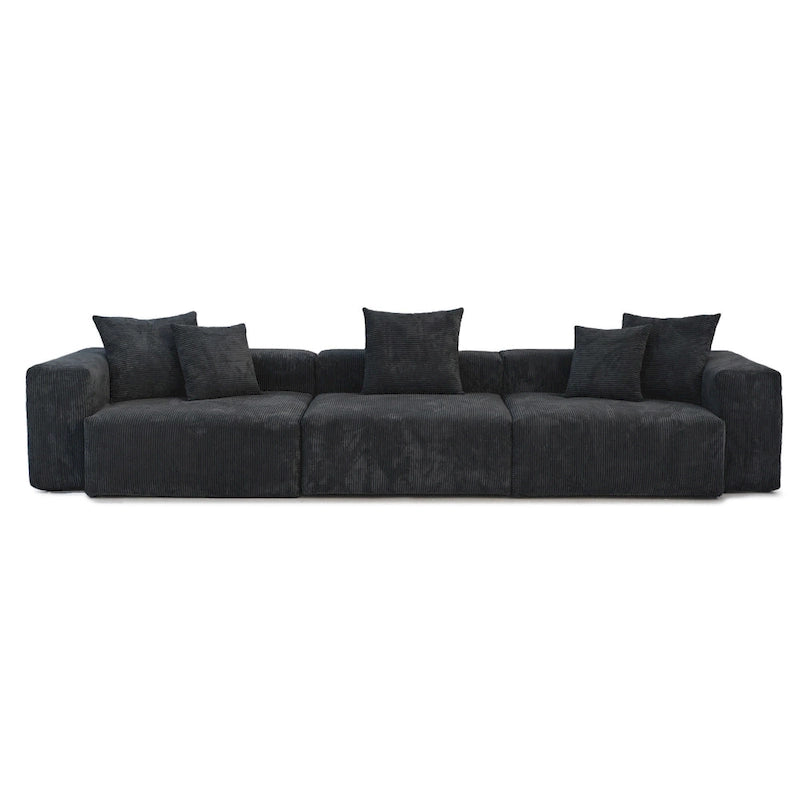 Divano sezionale a L reversibile a 3 posti in velluto a coste beige/marrone chiaro/nero con pouf
